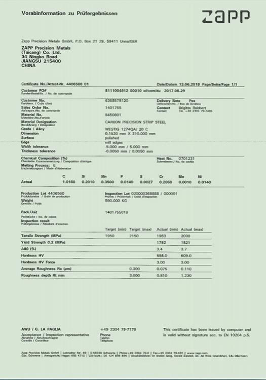 QC report of Germanic ZAPP steel