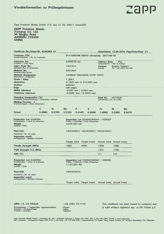 QC report of Germanic ZAPP steel