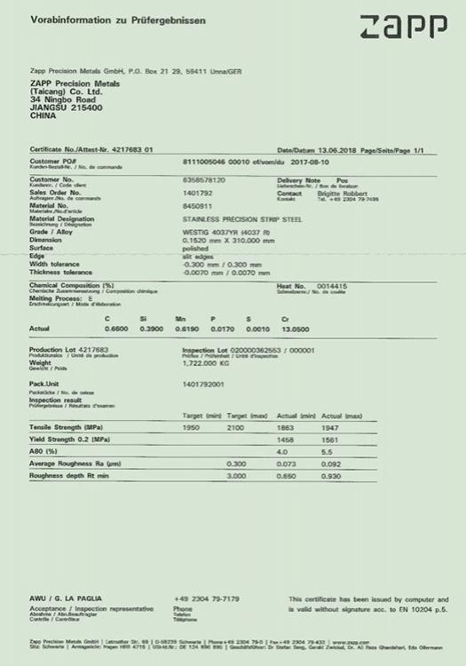 QC report of Germanic ZAPP steel